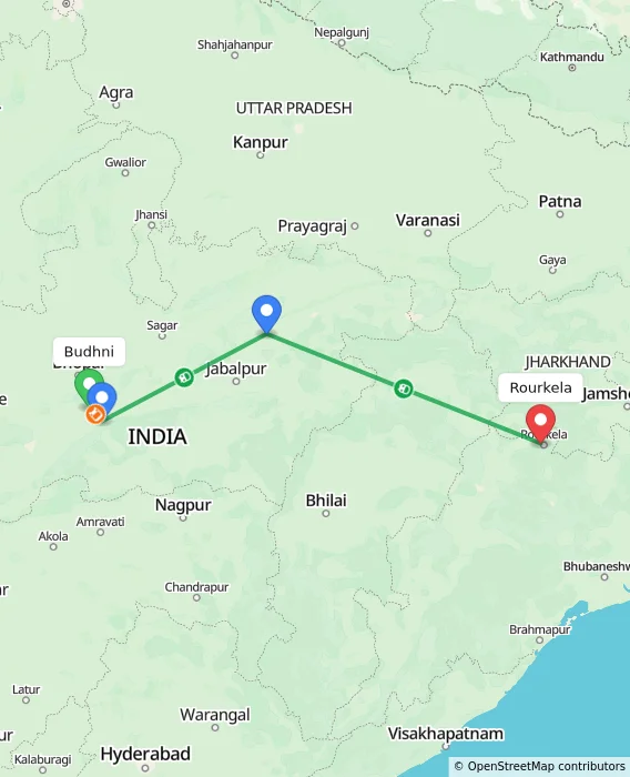 Route map showing distance and travel time from Budhni, India to Rourkela, India