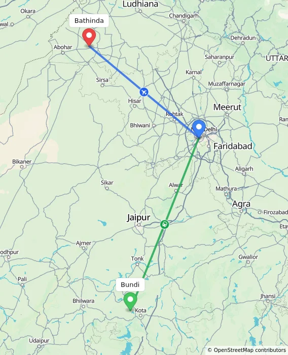 Route map showing distance and travel time from Bundi, India to Bathinda, India