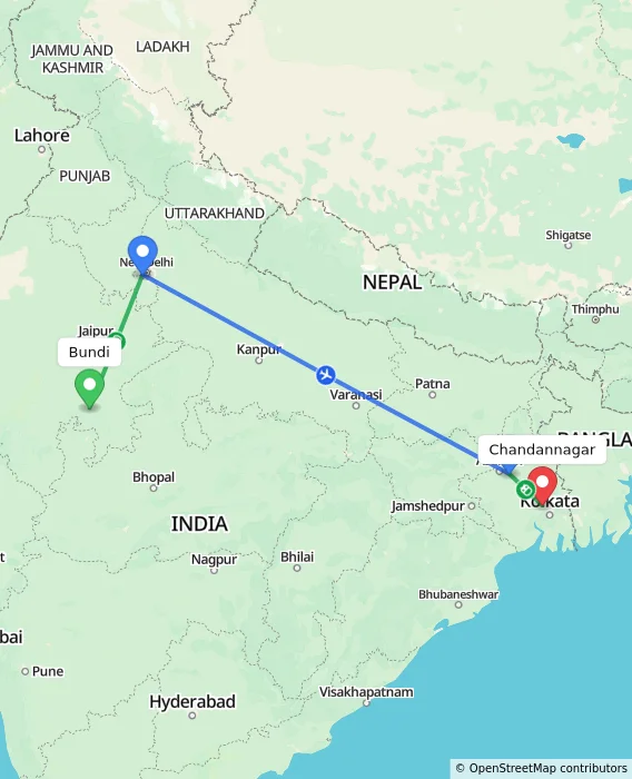 Route map showing distance and travel time from Bundi, India to Chandannagar, India