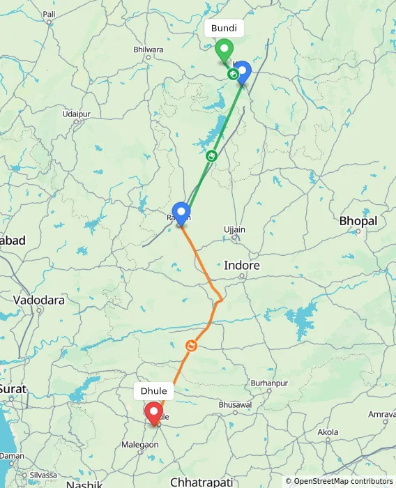 Route map showing distance and travel time from Bundi, India to Dhule, India