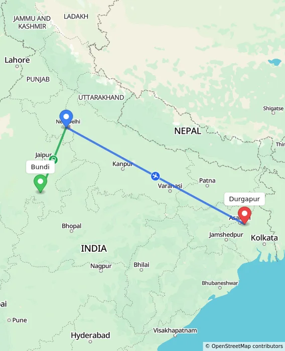 Route map showing distance and travel time from Bundi, India to Durgapur, India