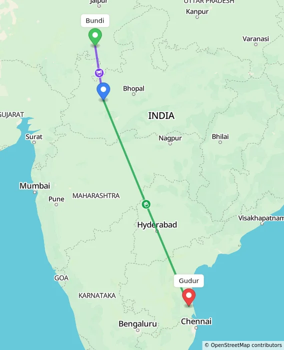 Route map showing distance and travel time from Bundi, India to Gudur, India