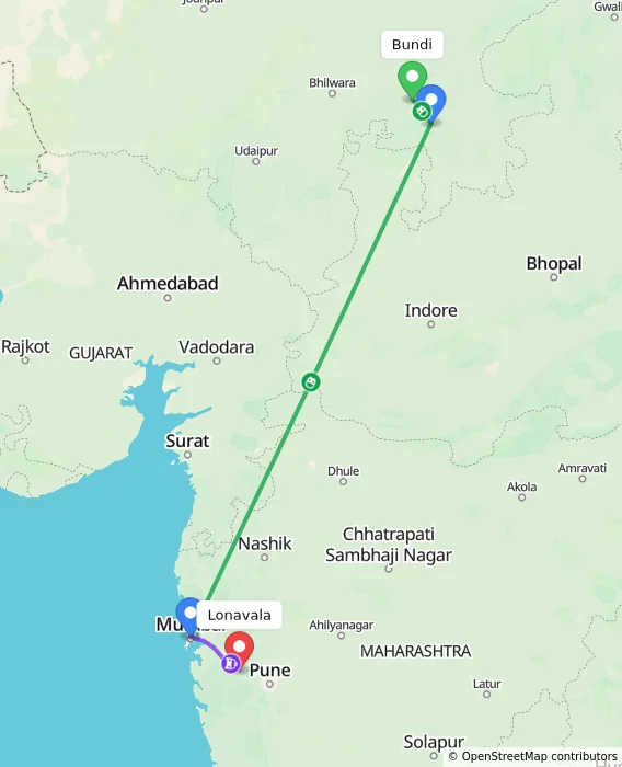 Route map showing distance and travel time from Bundi, India to Lonavala, India