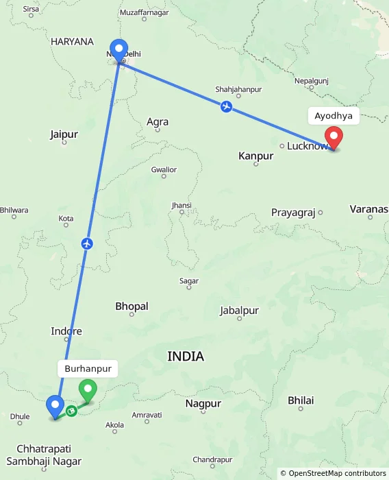 Route map showing distance and travel time from Burhanpur, India to Ayodhya, India