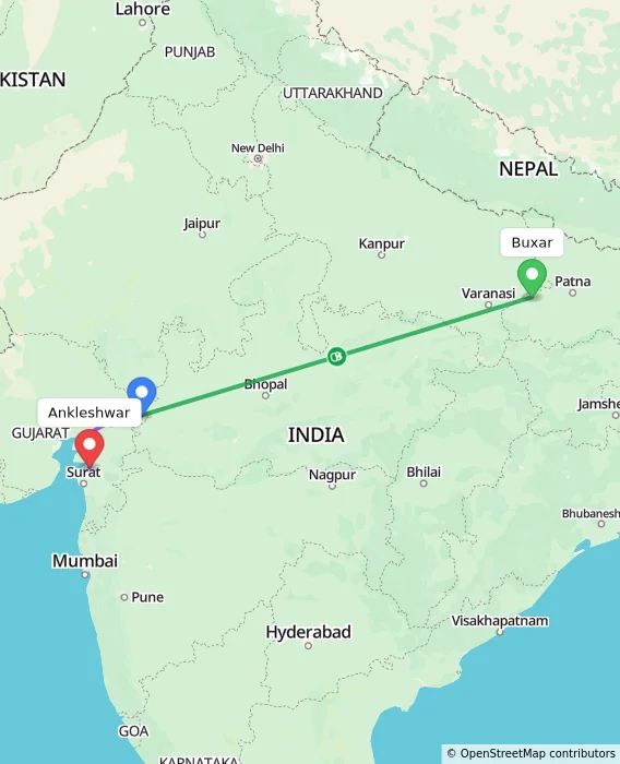 Route map showing distance and travel time from Buxar, India to Ankleshwar, India