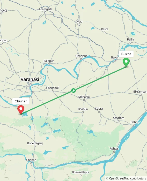 Route map showing distance and travel time from Buxar, India to Chunar, India