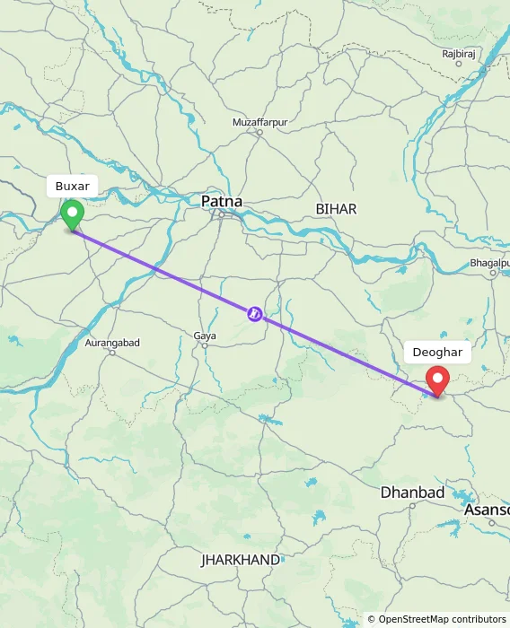 Route map showing distance and travel time from Buxar, India to Deoghar, India