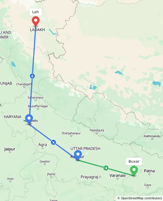 Route map showing distance and travel time from Buxar, India to Leh, India