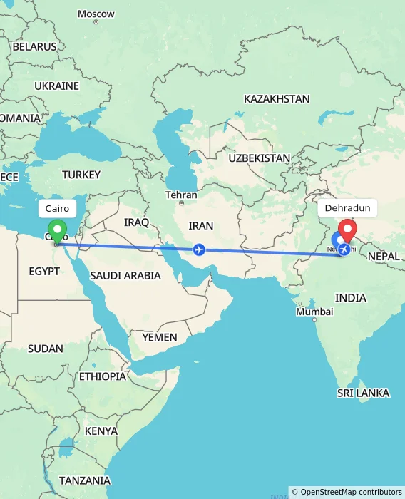 Route map showing distance and travel time from Cairo, Egypt to Dehradun, India