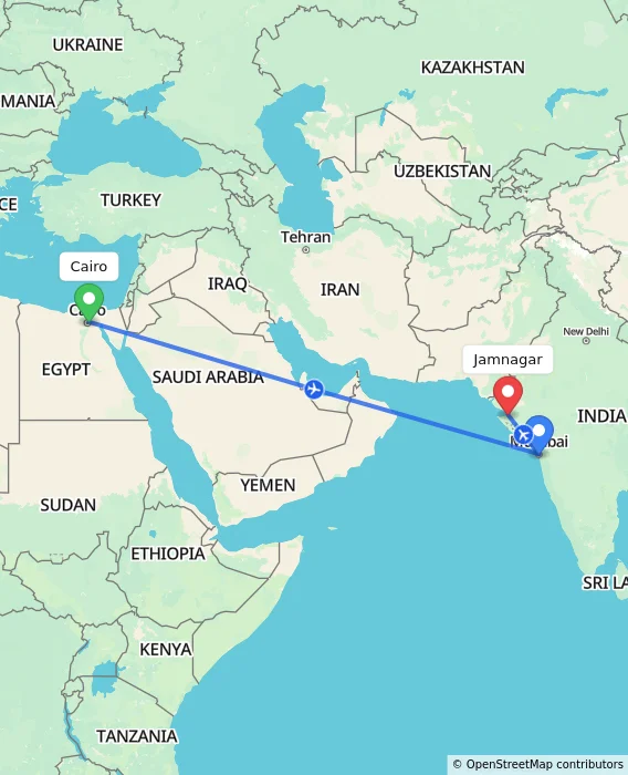 Route map showing distance and travel time from Cairo, Egypt to Jamnagar, India