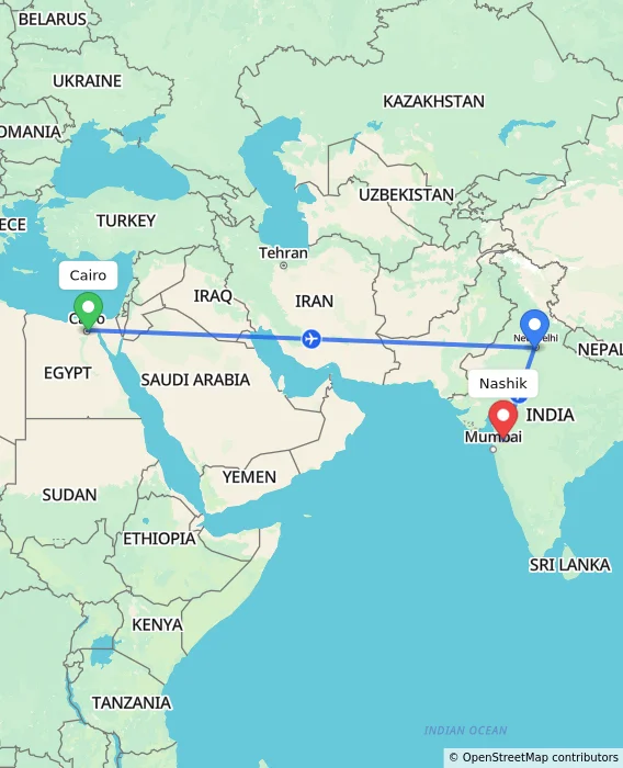 Route map showing distance and travel time from Cairo, Egypt to Nashik, India
