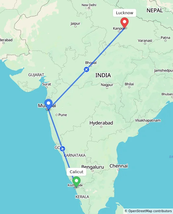 Route map showing distance and travel time from Calicut, India to Lucknow, India