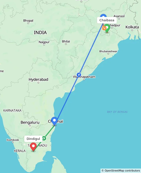 Route map showing distance and travel time from Chaibasa, India to Dindigul, India
