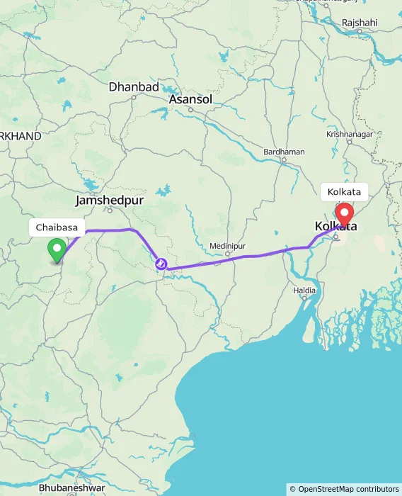 Route map showing distance and travel time from Chaibasa, India to Kolkata, India