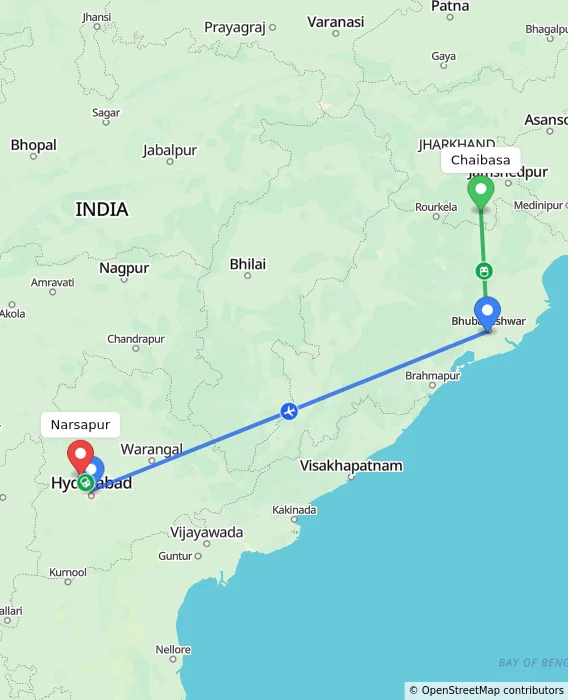 Route map showing distance and travel time from Chaibasa, India to Narsapur, India