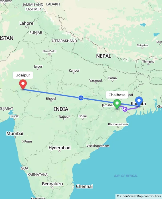 Route map showing distance and travel time from Chaibasa, India to Udaipur, India
