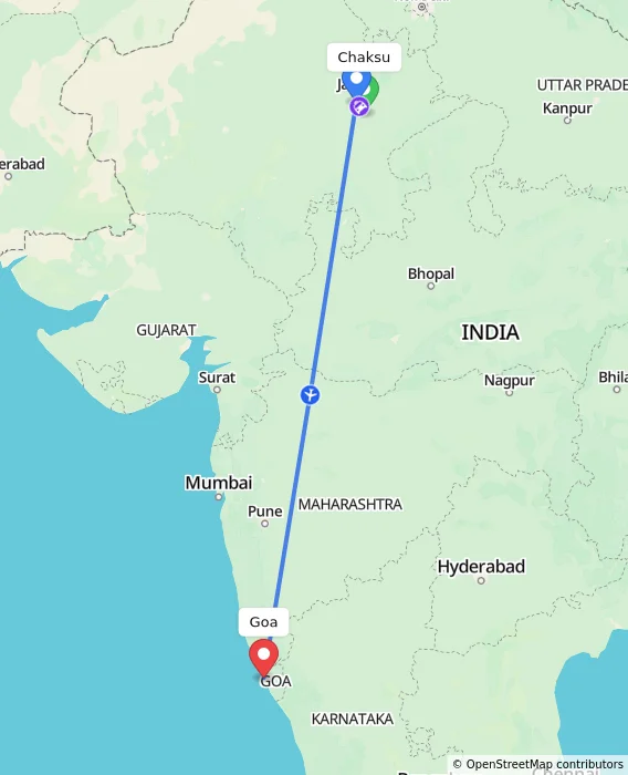 Route map showing distance and travel time from Chaksu, India to Goa, India