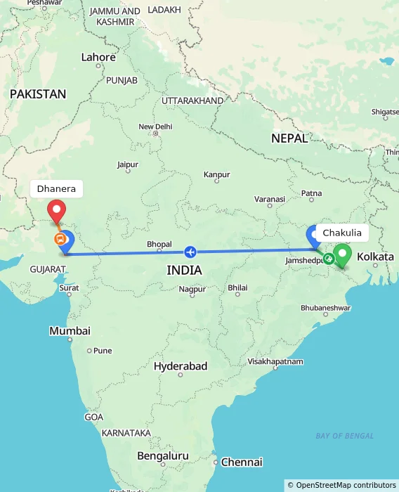 Route map showing distance and travel time from Chakulia, India to Dhanera, India