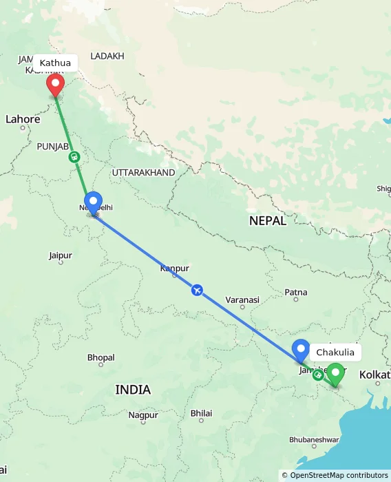 Route map showing distance and travel time from Chakulia, India to Kathua, India