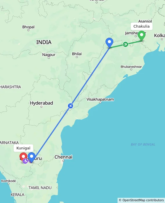 Route map showing distance and travel time from Chakulia, India to Kunigal, India