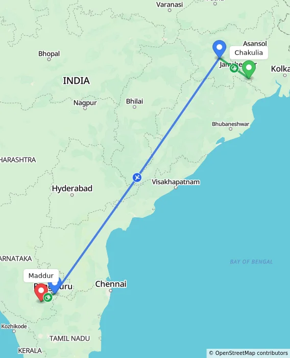 Route map showing distance and travel time from Chakulia, India to Maddur, India