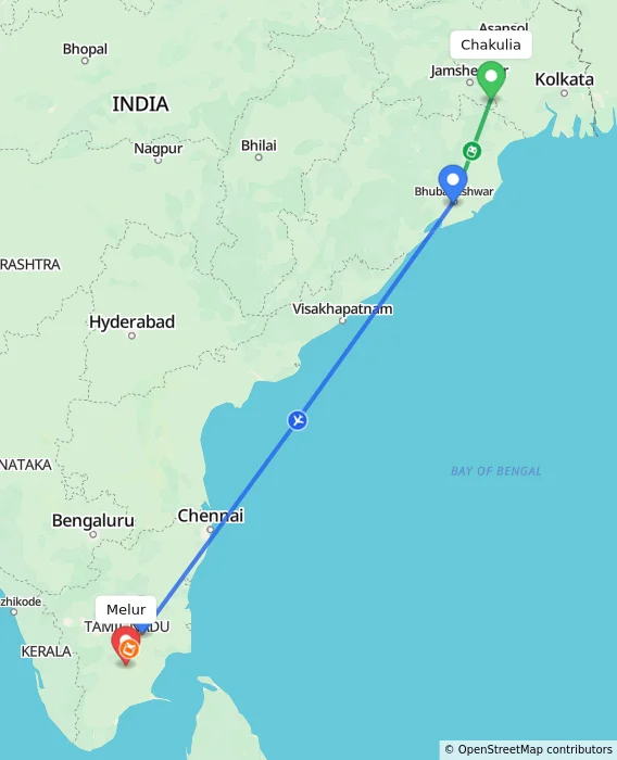 Route map showing distance and travel time from Chakulia, India to Melur, India