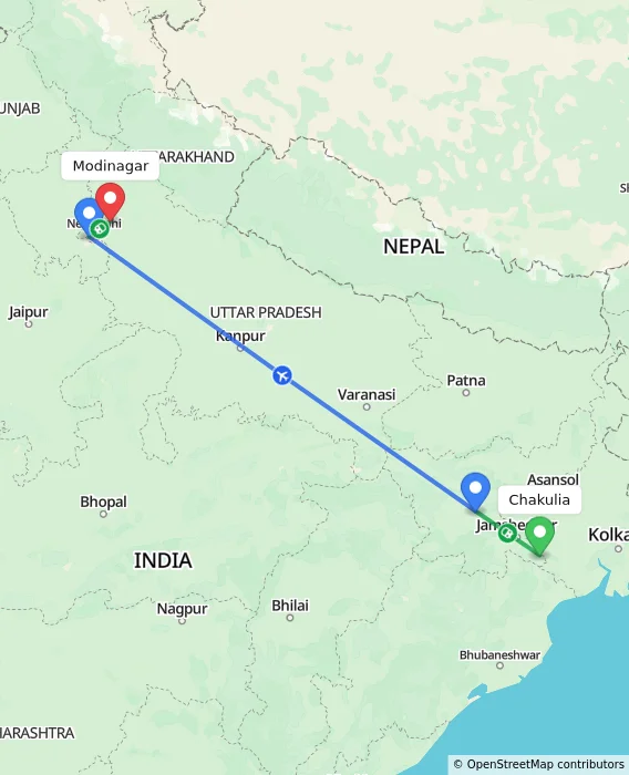 Route map showing distance and travel time from Chakulia, India to Modinagar, India