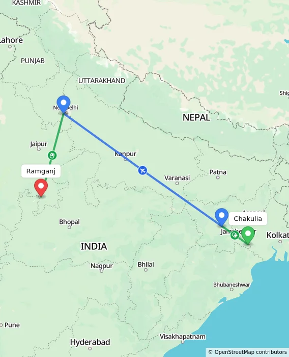 Route map showing distance and travel time from Chakulia, India to Ramganj, India