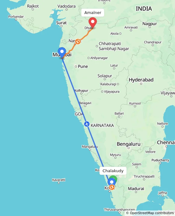 Route map showing distance and travel time from Chalakudy, India to Amalner, India