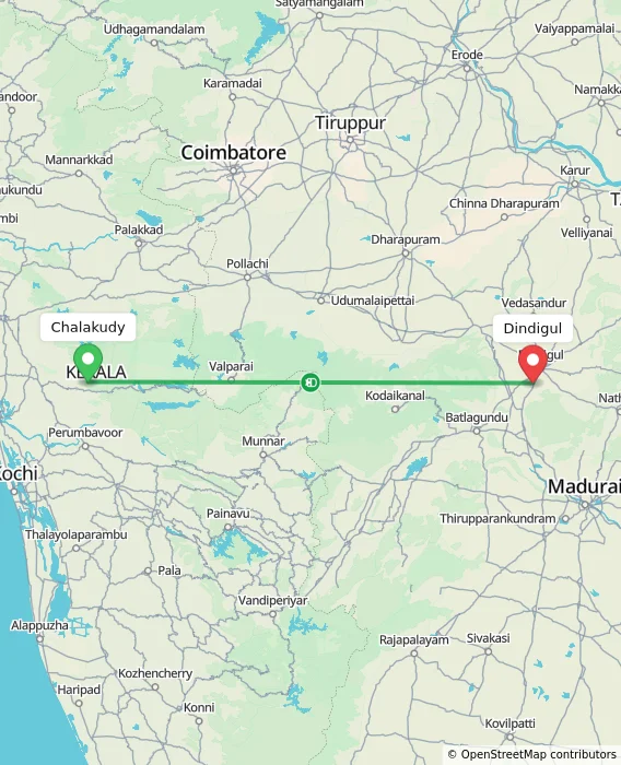 Route map showing distance and travel time from Chalakudy, India to Dindigul, India