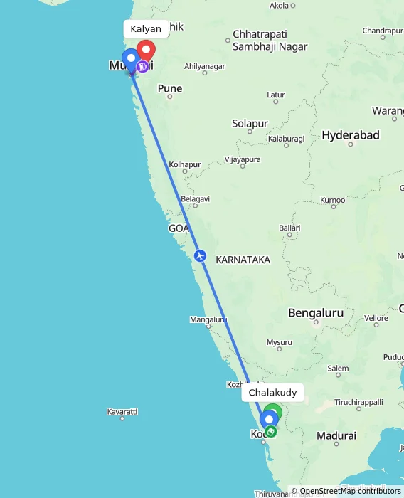 Route map showing distance and travel time from Chalakudy, India to Kalyan, India