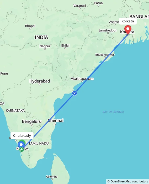 Route map showing distance and travel time from Chalakudy, India to Kolkata, India