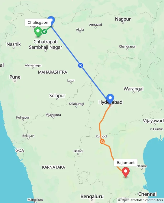 Route map showing distance and travel time from Chalisgaon, India to Rajampet, India