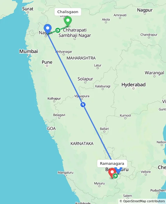 Route map showing distance and travel time from Chalisgaon, India to Ramanagara, India