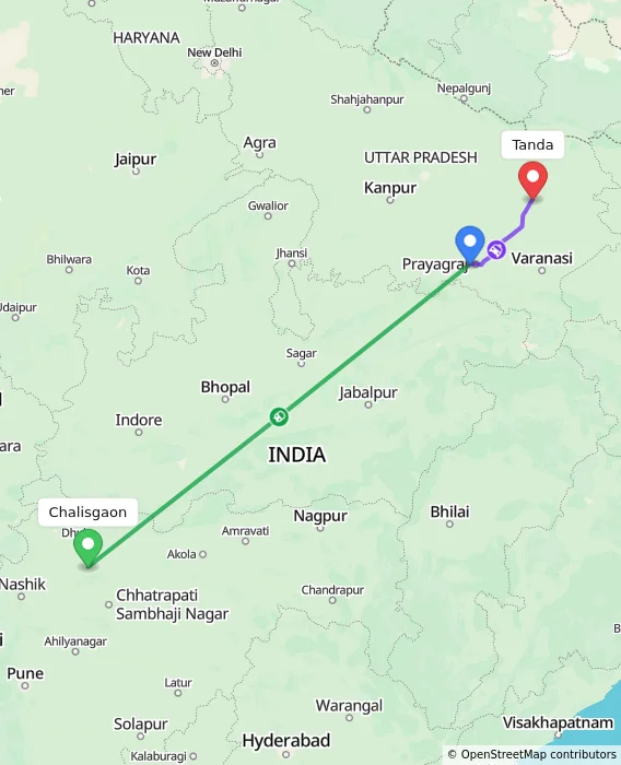 Route map showing distance and travel time from Chalisgaon, India to Tanda, India