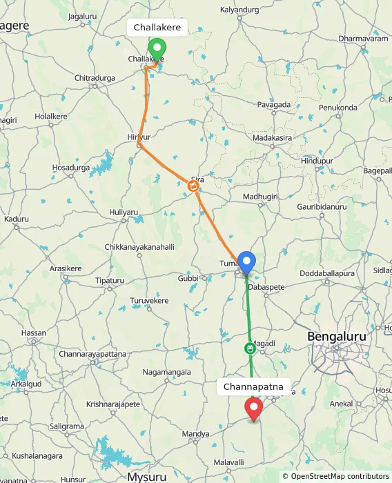 Route map showing distance and travel time from Challakere, India to Channapatna, India