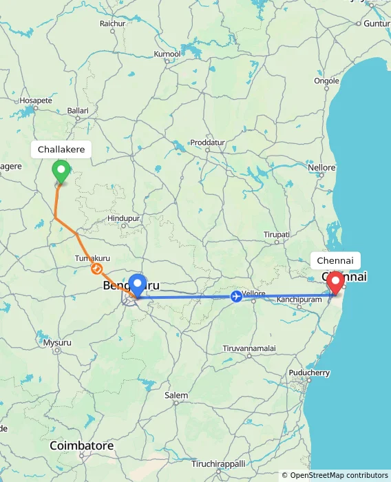 Route map showing distance and travel time from Challakere, India to Chennai, India