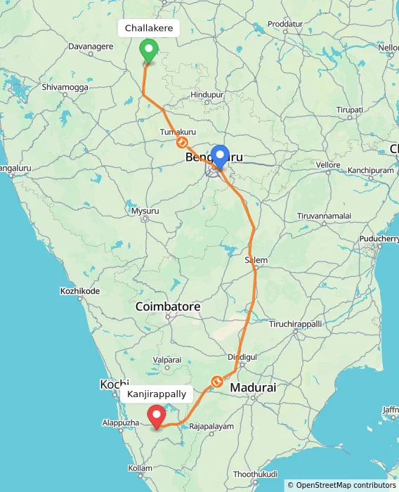 Route map showing distance and travel time from Challakere, India to Kanjirappally, India