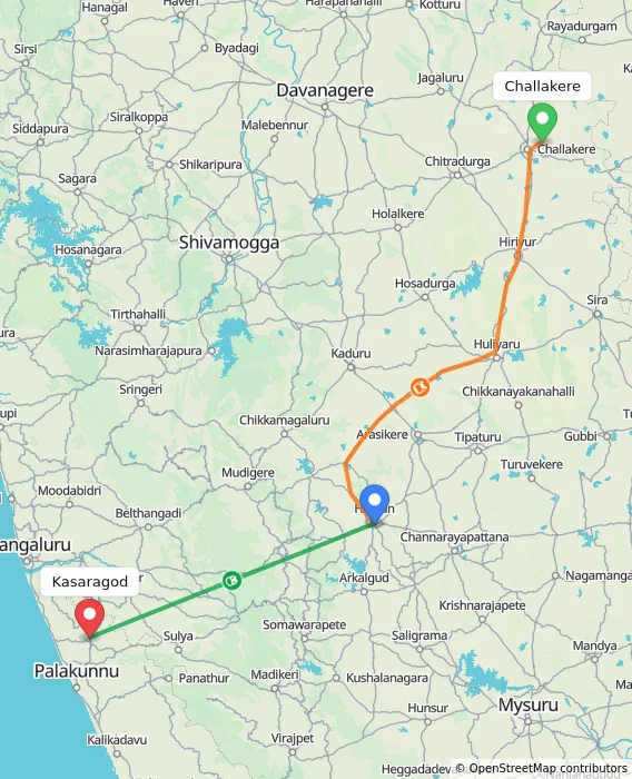 Route map showing distance and travel time from Challakere, India to Kasaragod, India