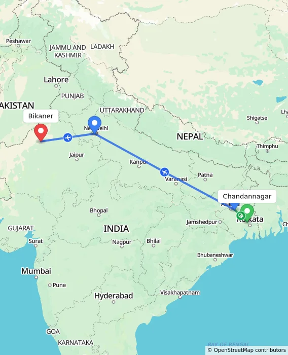 Route map showing distance and travel time from Chandannagar, India to Bikaner, India