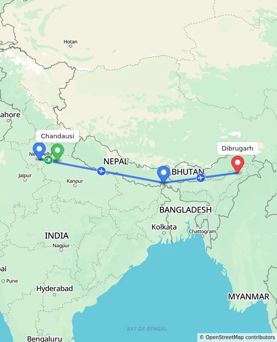 Route map showing distance and travel time from Chandausi, India to Dibrugarh, India