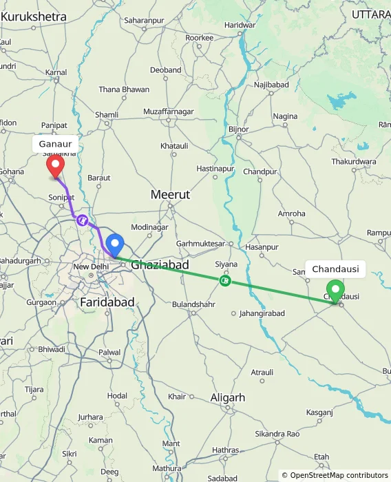 Route map showing distance and travel time from Chandausi, India to Ganaur, India