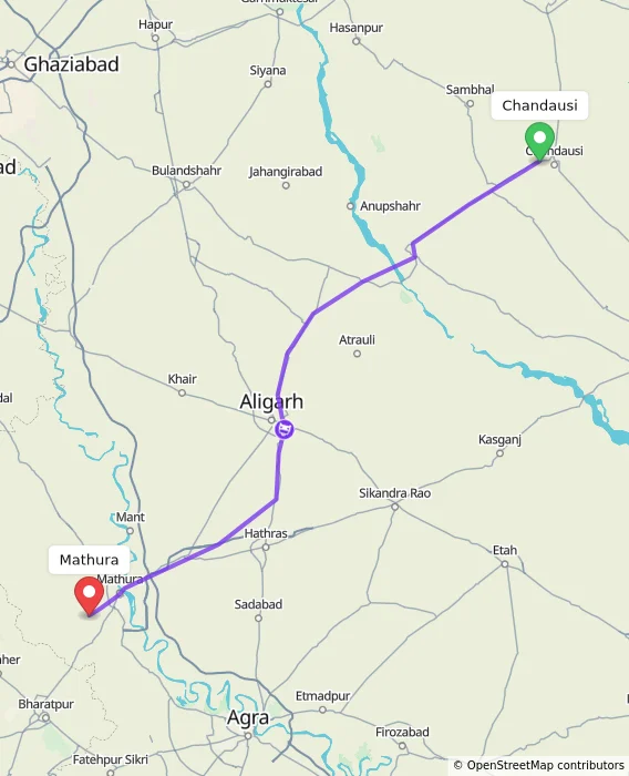 Route map showing distance and travel time from Chandausi, India to Mathura, India