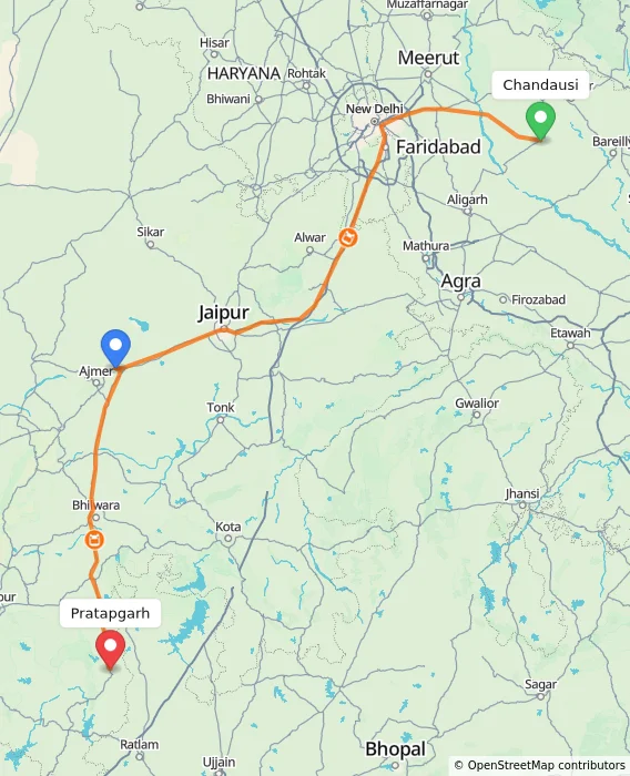 Route map showing distance and travel time from Chandausi, India to Pratapgarh, India