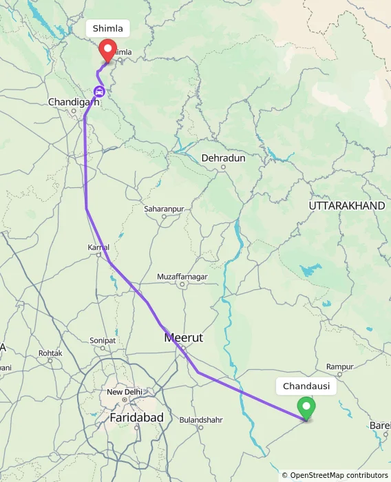 Route map showing distance and travel time from Chandausi, India to Shimla, India