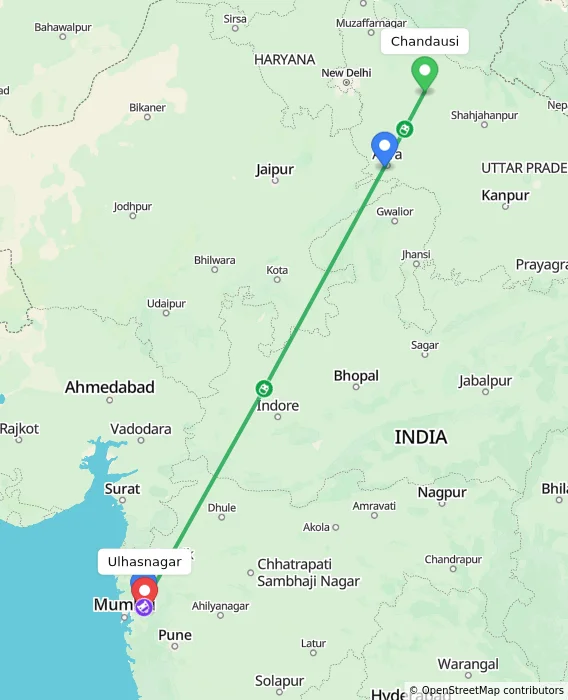 Route map showing distance and travel time from Chandausi, India to Ulhasnagar, India