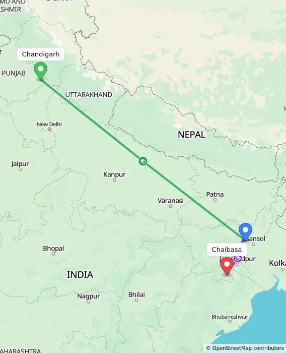 Route map showing distance and travel time from Chandigarh, India to Chaibasa, India