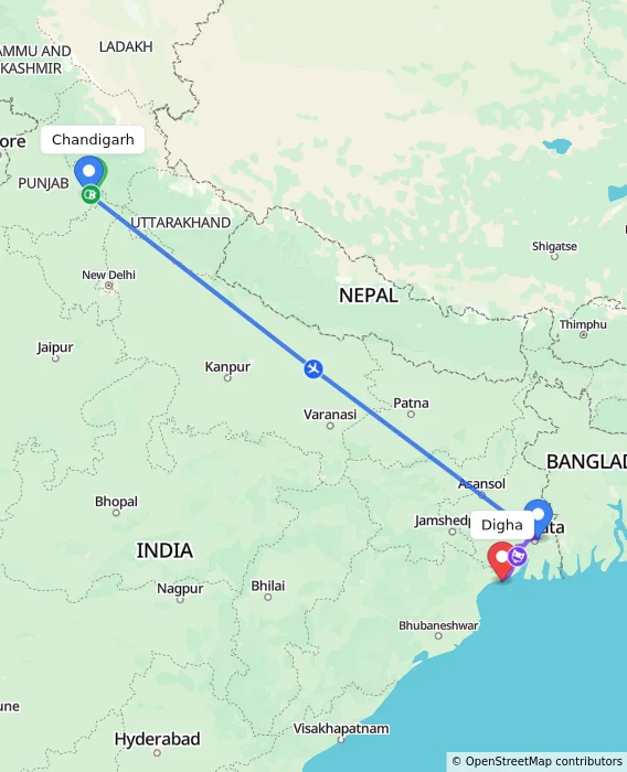 Route map showing distance and travel time from Chandigarh, India to Digha, India