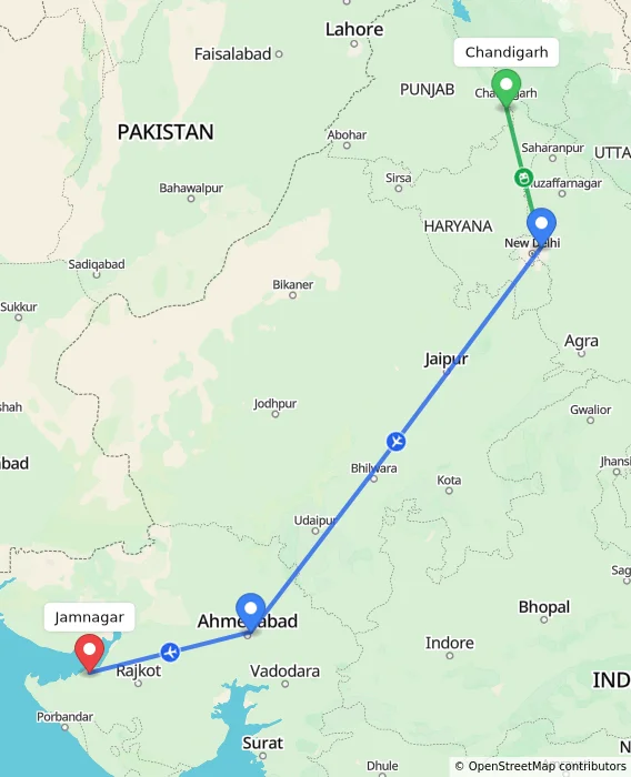 Route map showing distance and travel time from Chandigarh, India to Jamnagar, India