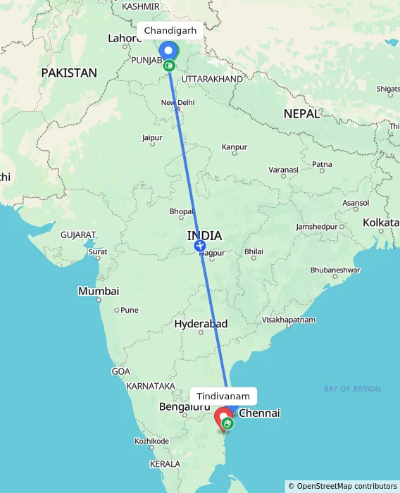 Route map showing distance and travel time from Chandigarh, India to Tindivanam, India